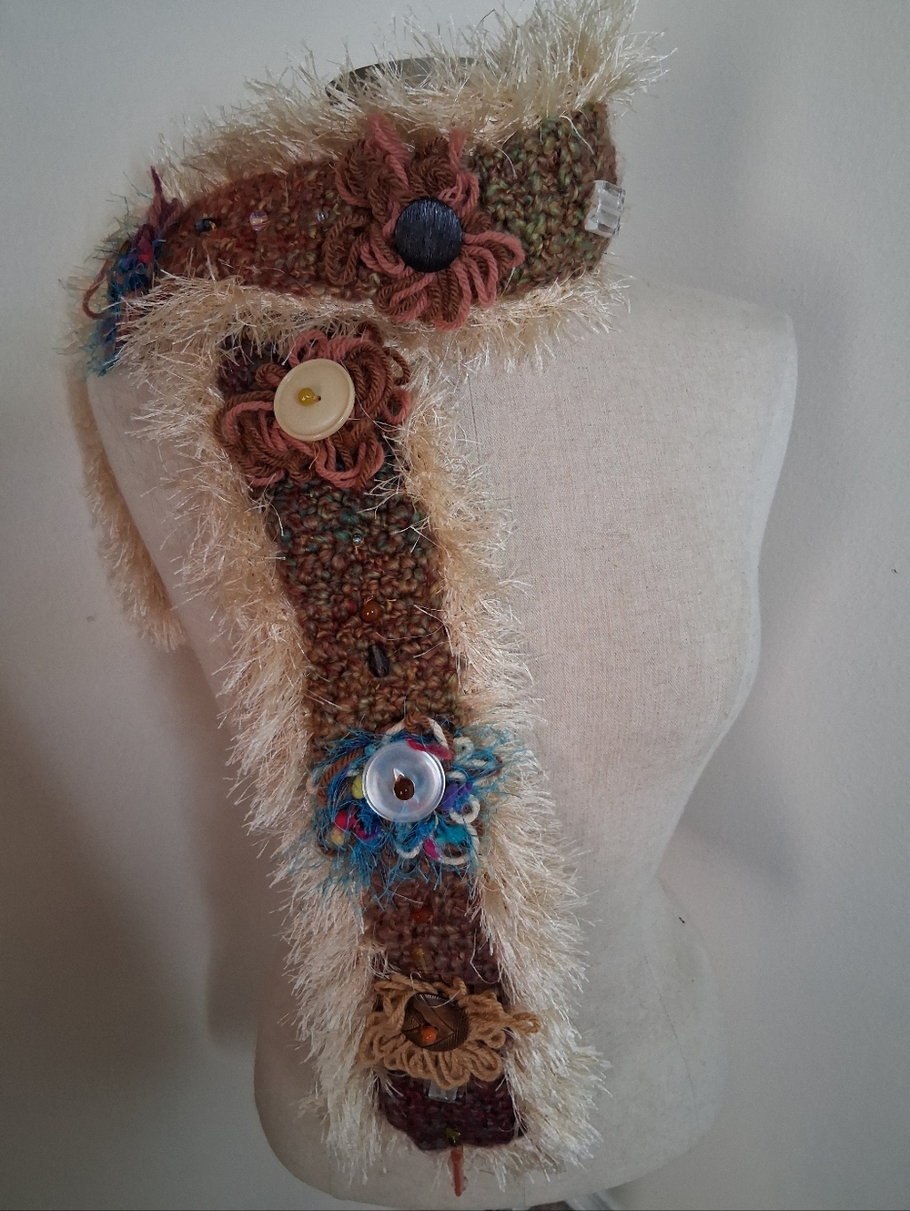 Handmade Quirky Artsy Multicolor Knit Scarf with Fuzzy Trim and Button Flowers